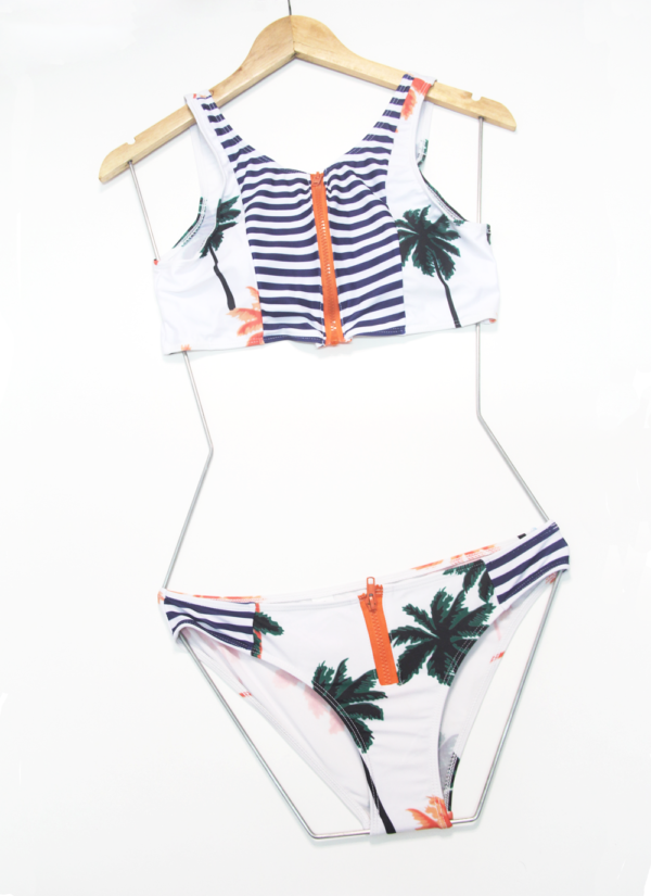 Print Floral Palm Tree Bikini Set,High Neck Tank Zipper Striped